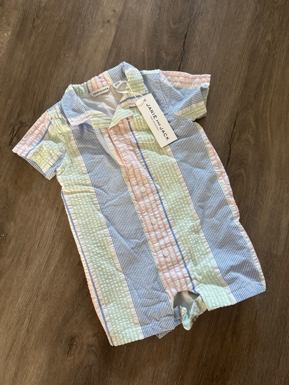 Janie and Jack Baby Seersucker One-Piece Shortall Pastel Stripe | 3–6 Months NWT